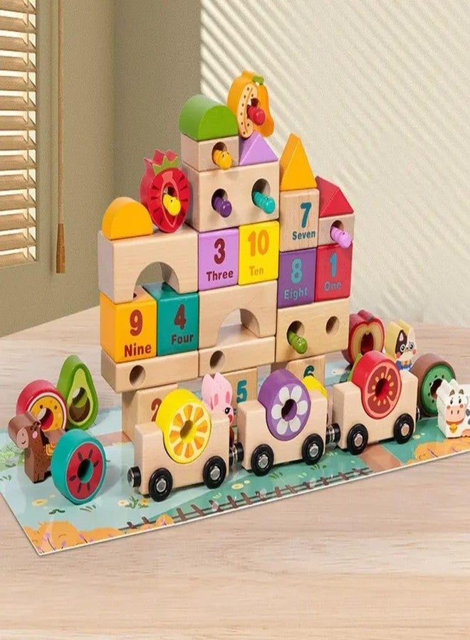 DIMAZO 50 Pcs Wooden Farm Animal Train Building Block Set for Kids | Early Learning, Number Recognition & Montessori Skill Development Toy for 3+ Years Boys Girls - Image 2
